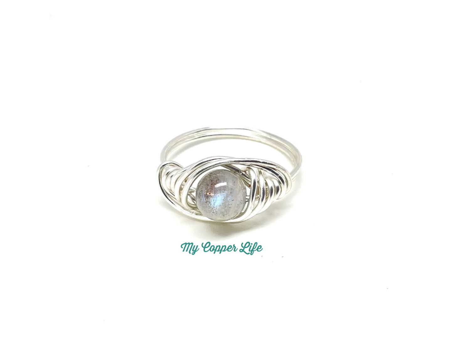 Blue rainbow Labradorite Ring Silver Plated Copper