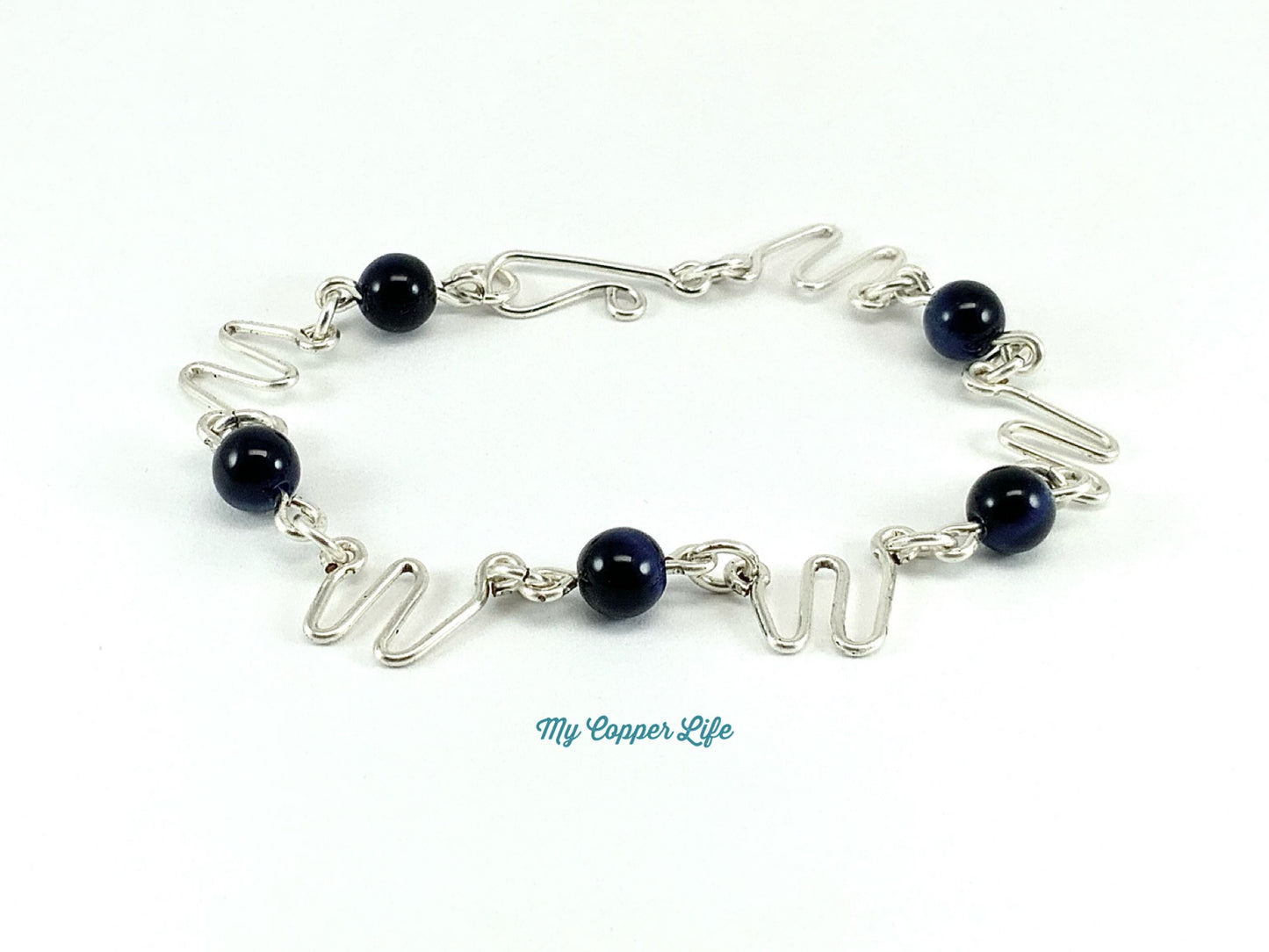 Tiger's Eye-Blue Link Bracelet(Silver Plated Copper Wire)