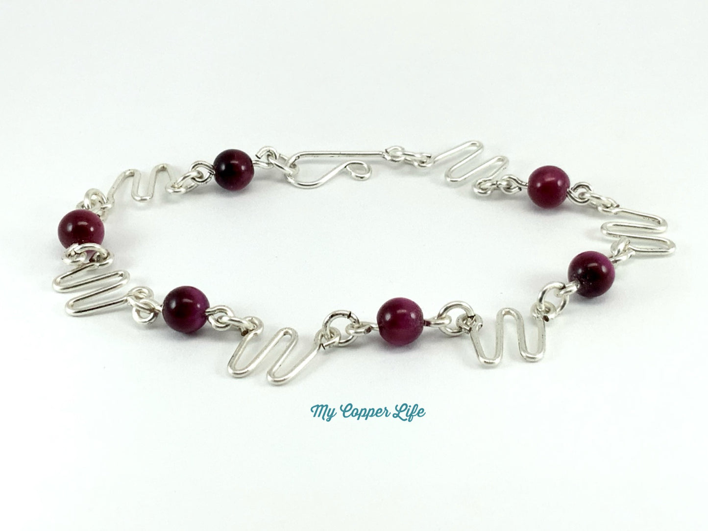 Tiger's Eye-Magenta Link bracelet(Silver Plated Copper Wire)