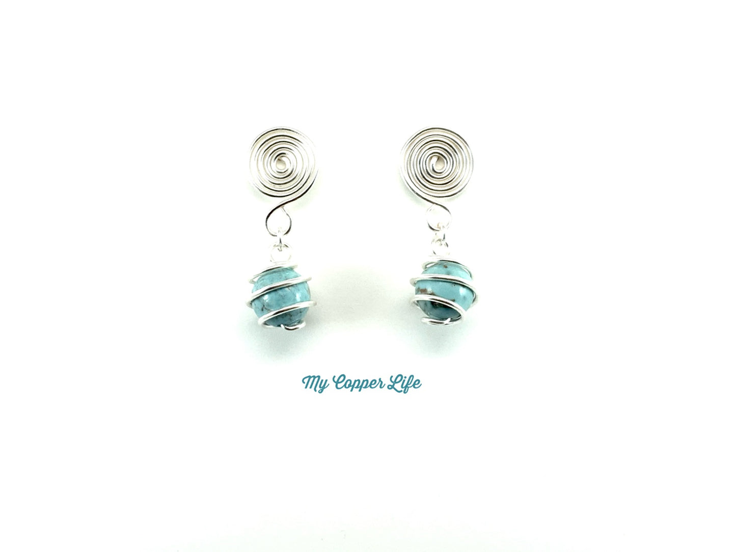 Swirl with Turquoise Bead Earrings(Silver Plated Copper Wire)