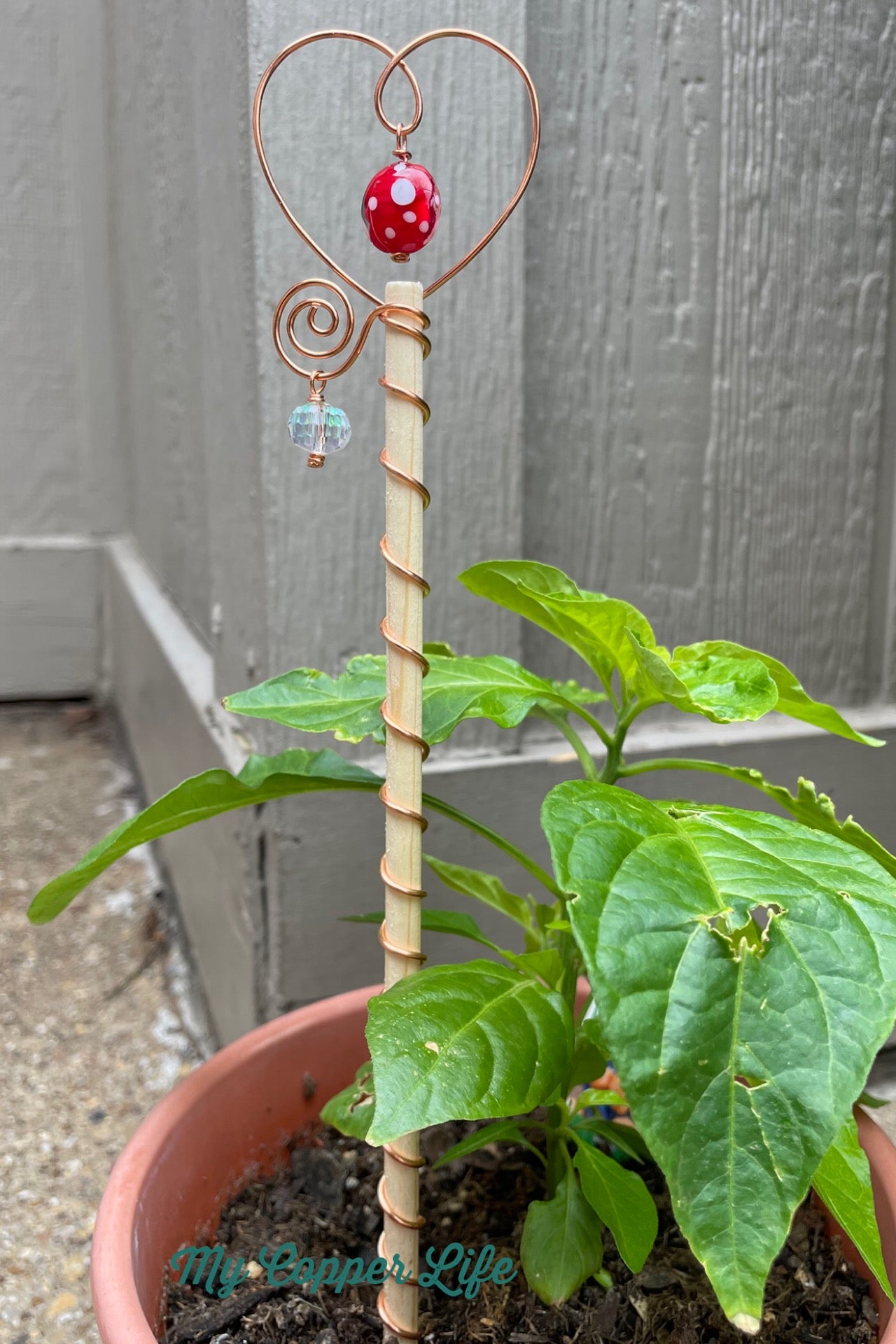 Copper Garden Stake with Red and White Glass Bead