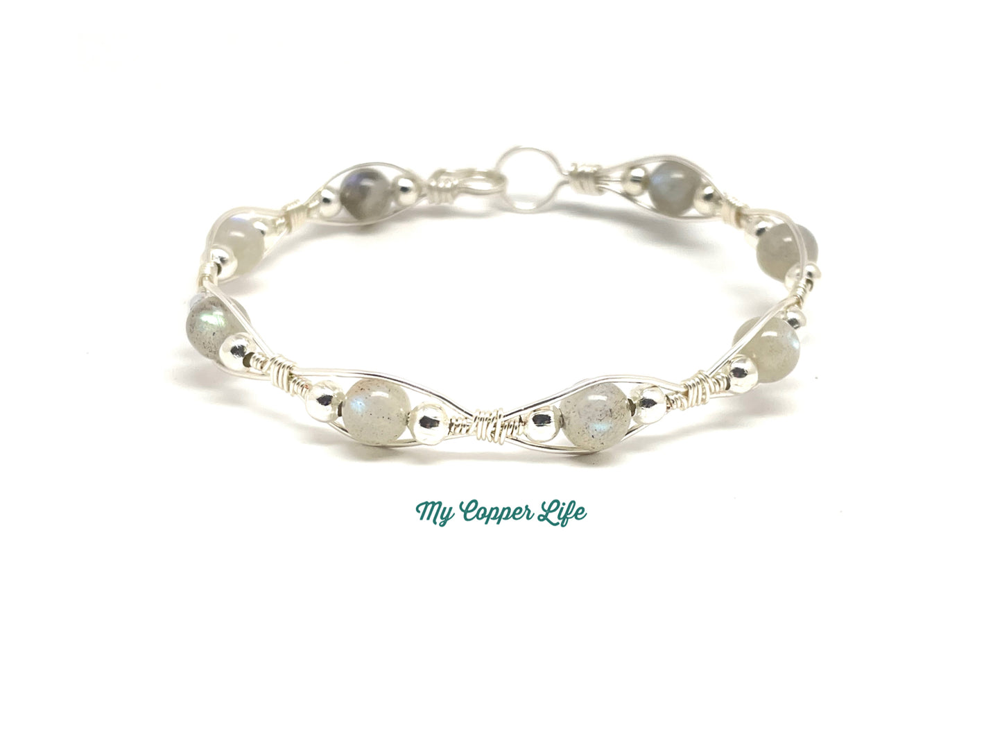 Silver Bangle with Labradorite Beads #2