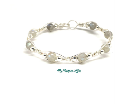 Silver Bangle with Labradorite Beads #2