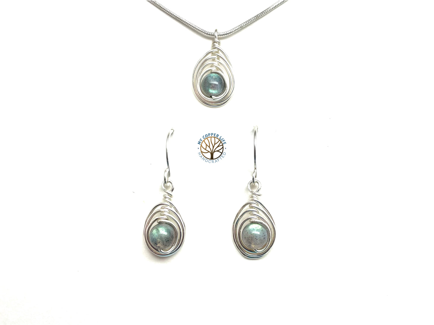 Labradorite Herringbone Pendant and Earrings