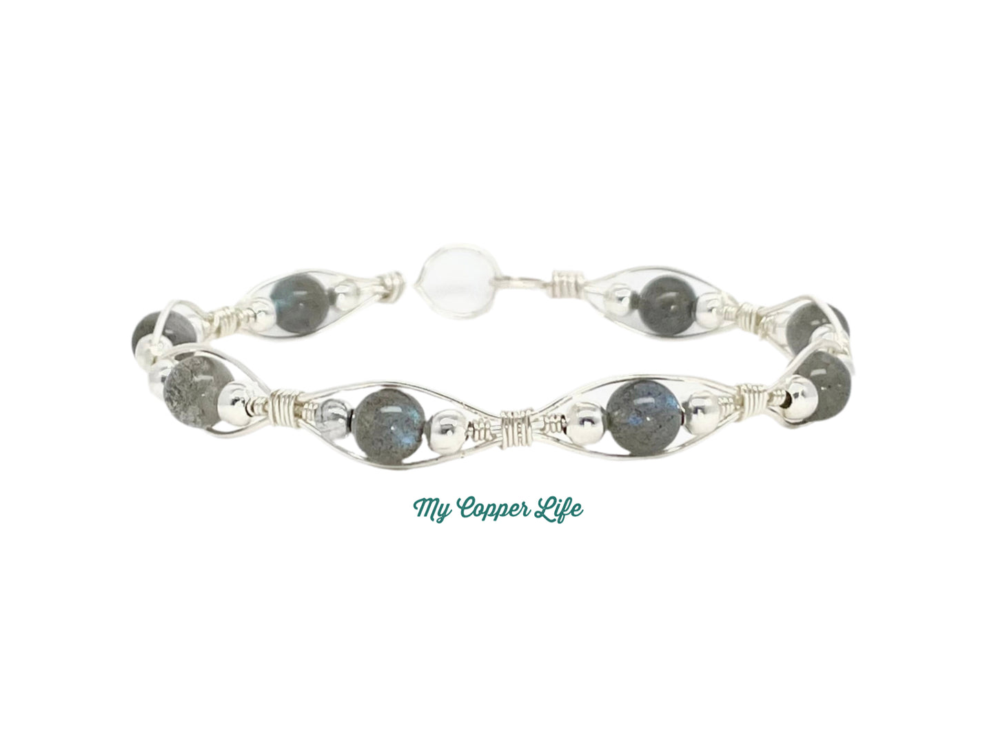 Silver Bangle with Labradorite Beads